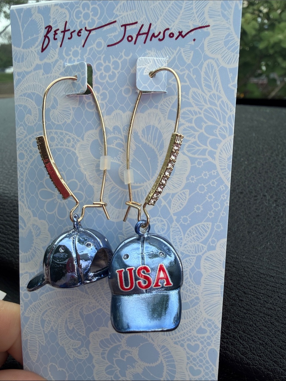 Betsey Johnson Blue USA Cap Dangle Earrings